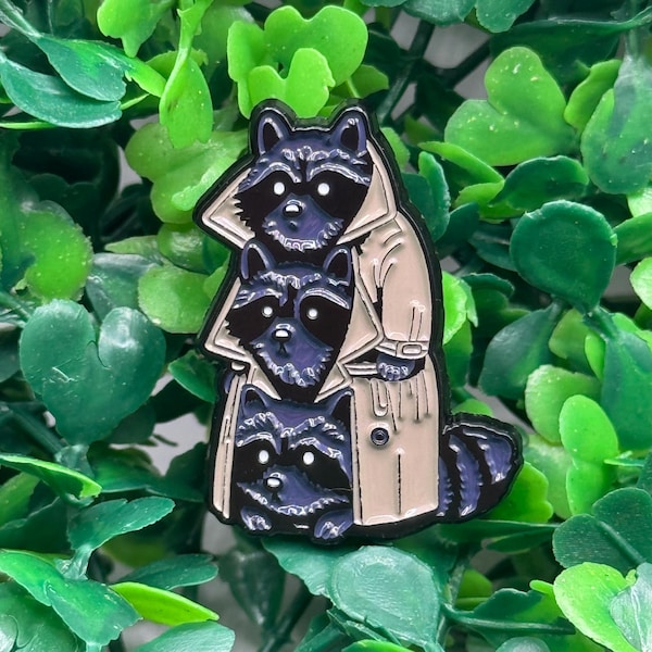 Three Raccoons in a Trench Coat Enamel Pin – Funny Animal Lapel Pin