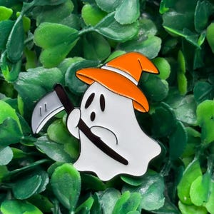 Ghost with Scythe Enamel Pin – Cute Halloween Lapel Pin