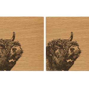 Highland Cow Solid Oak Coaster - 10cm Square- Set of 2