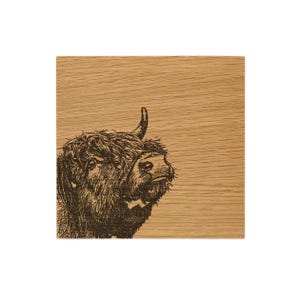 Highland Cow Single Solid Oak Coaster - 10cm Square