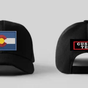 May include: Black baseball cap with a Colorado state flag patch on the front and a red rectangle with the text "CUSTOM TEXT" on the back.
