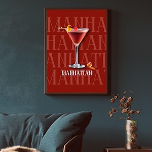 マンハッタン カクテル プリント | アルコール ポスター | シグネチャー ドリンク サイン | バー カート アクセサリー | リビングルーム用印刷可能なウォール アート | バーテンダー ギフト