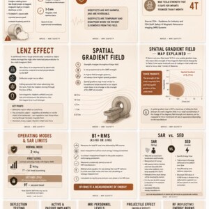 May include: Informative infographic detailing MRI safety guidelines, including FDA recommendations for Tesla strength, bioeffects, and operating modes. Features text and diagrams explaining various safety aspects.