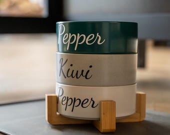 Ersatznapf personalisiert - 1 Napf aus Keramik in Grün, Weiß, Grau mit Symbol ODER Name bedruckt. (Ohne Holzständer).