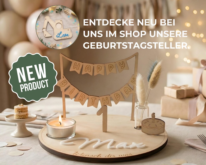 May include: A wooden birthday cake topper with a banner that reads "Happy Birthday". The number "1" is also included. A small lit candle and a miniature cake are on the wooden base. The text "Max" is also on the base.