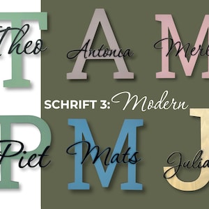 May include: Wooden letters in various colors spelling out names: Theo, Antonia, Merle, Piet, Mats, and Julian. The letters are in a modern font, with the word "Modern" displayed below. The background is a muted green.