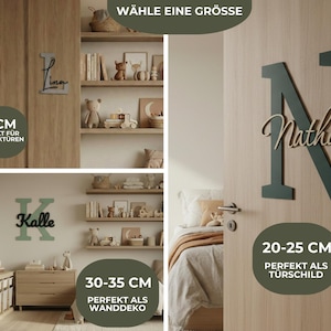 May include: Wooden name signs and letters in various sizes. The image shows a green letter "N" with the name "Nathan" in a lighter color, suitable for a door. Other examples include a name "Lina" and the letter "Kalle". Sizes range from 15 cm to 30-35 cm.