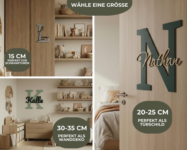 May include: Wooden name signs and letters in various sizes. The image shows a green letter "N" with the name "Nathan" in a lighter color, suitable for a door. Other examples include a name "Lina" and the letter "Kalle". Sizes range from 15 cm to 30-35 cm.
