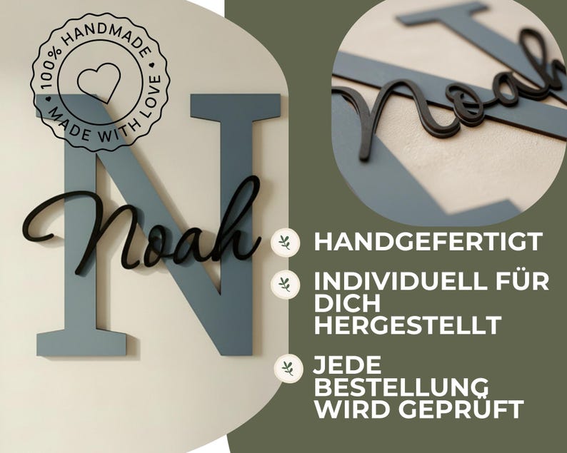 May include: A wooden sign with the name "Noah" in a black script font over a large, light blue letter "N". The sign also features a circular emblem that reads "100% Handmade with Love". The background is a neutral color.