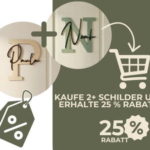 May include: Wooden name signs, "Paula" and "Noah", with a shopping cart graphic and a discount tag. The text reads "BUY 2+ SIGNS AND GET 25% OFF!" and "25% OFF". The signs are light brown and green.