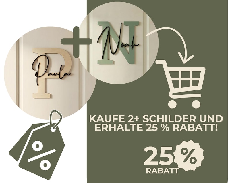May include: Wooden name signs, "Paula" and "Noah", with a shopping cart graphic and a discount tag. The text reads "BUY 2+ SIGNS AND GET 25% OFF!" and "25% OFF". The signs are light brown and green.