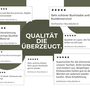 May include: A collection of customer reviews on a white background with a dark green circular design. The reviews are in white text and include phrases like "Looks just like the pictures" and "Super Verarbeitung."