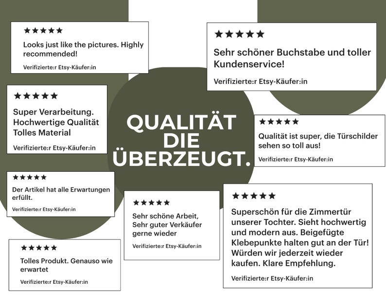 May include: A collection of customer reviews on a white background with a dark green circular design. The reviews are in white text and include phrases like "Looks just like the pictures" and "Super Verarbeitung."