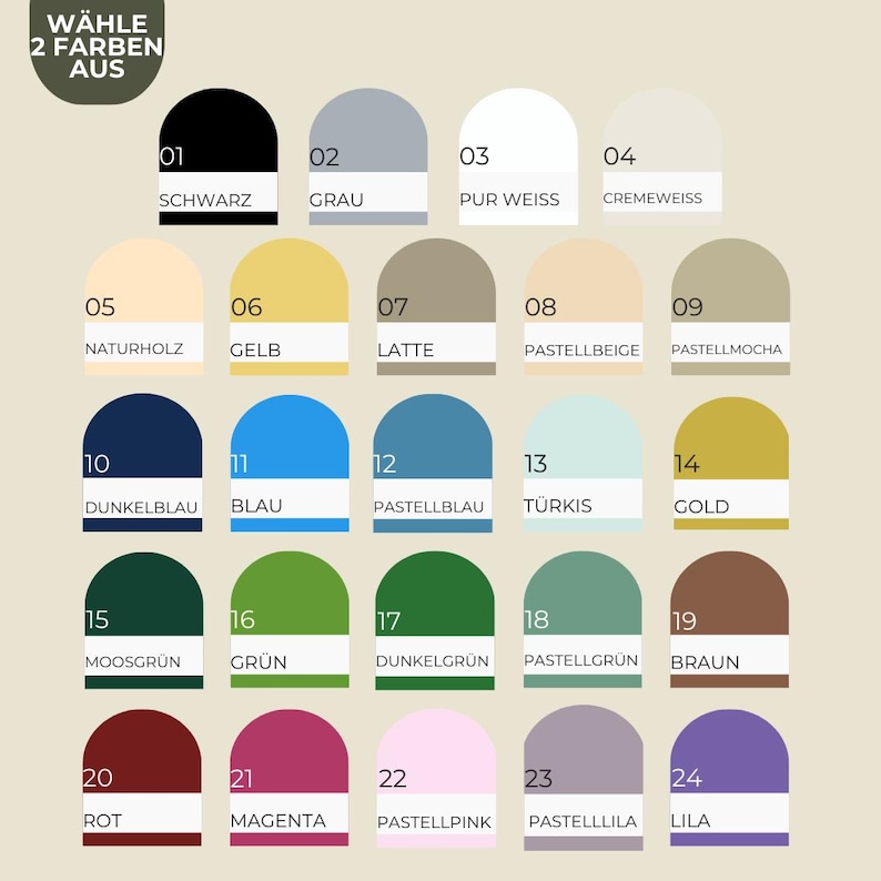 May include: Color palette with 24 color swatches, each labeled with a number and a German color name. Colors include black, gray, white, beige, yellow, blue, green, brown, pink, and purple. The text "W&Auml;HLE 2 FARBEN AUS" is at the top.