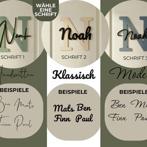 May include: Wooden name signs with the name "Noah" in three different fonts: Handwritten, Klassisch, and Modern. Each sign features a different color scheme, including green, beige, and blue. The image also shows examples of other names.