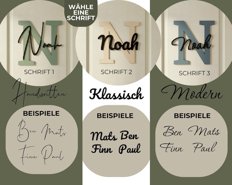 May include: Wooden name signs with the name "Noah" in three different fonts: Handwritten, Klassisch, and Modern. Each sign features a different color scheme, including green, beige, and blue. The image also shows examples of other names.