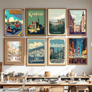 Vintage Travel Poster Collection, Retro Cityscape Wall Art, Iconic Landmark Illustrations, Classic Tourism Decor, Digital Artwork Set
