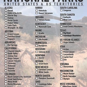 May include: A checklist titled NATIONAL PARKS UNITED STATES & US TERRITORIES with a list of states and parks organized in columns. Each park name has a small square checkbox next to it. The text is black, overlaid on a faded desert landscape image.