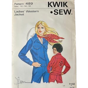 May include: Vintage Kwik Sew pattern 489 for a Ladies' Western Jacket, sizes 12-14-16. The cover features illustrations of a woman in a blue denim jacket and pants, and another in a red jacket and pants. The pattern is designed by Kerstin Martensson.