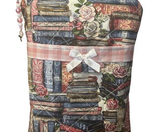 Cottage Bookshelf Floral Book Sleeve for Medium book and also fits a Kindle Paperwhite with free zipper pull