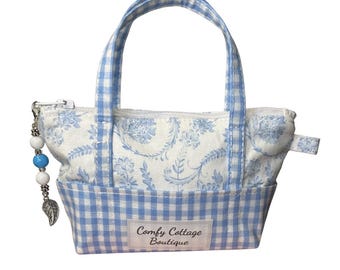 Mini Tote Keychain Wallet - Cottage Blue with Free Zipper Pull