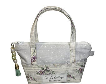 Mini Tote Keychain Wallet - Grey Floral with free handcrafted zipper pull