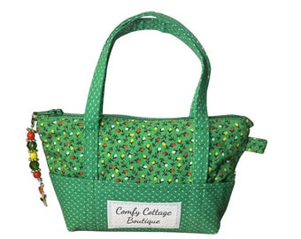 Mini Tote Keychain Wallet - Green Floral Design with Free Zipper Pull