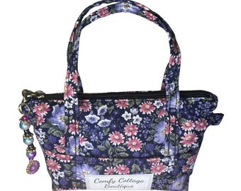 Mini Tote Keychain Wallet - Purple Flower with free handcrafted zipper pull