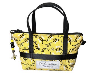Mini Tote Keychain Wallet - Printed Bee Design and ships with Free Bee Zipper Pull