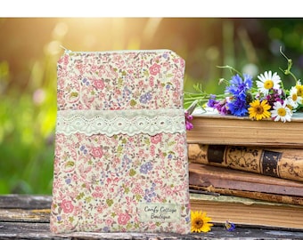 Cottage Pink Book Sleeve for Medium book and also fits a Kindle Paperwhite with free zipper pull and free cord keeper