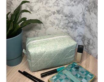 Large Soft Green Rose Quilted Makeup Bag