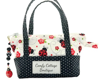 Mini Tote Keychain Wallet - Ladybug 2 Design with Free Ladybug Zipper Pull and Optional Wristlet add on