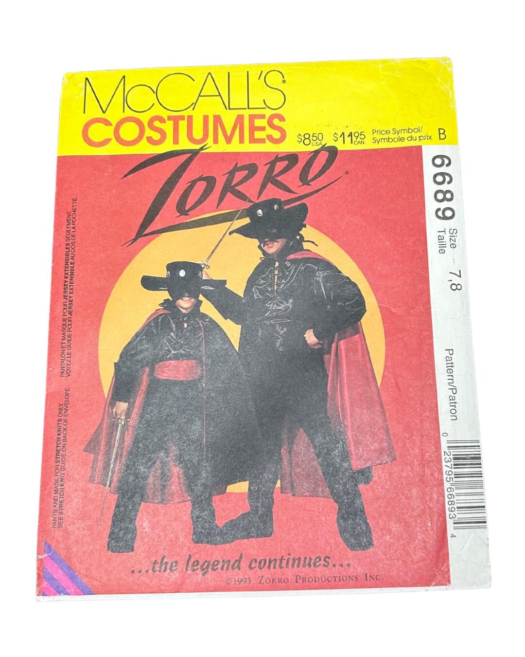 Boy's Vintage Zorro Costume Sewing Pattern, Mccall's 6689 Boy's Size 7/ ...