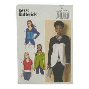 May include: Butterick sewing pattern B6329 for a jacket in sizes Lrg-Xlg-Xxl. The envelope features illustrations of four jacket variations in red, blue, green, and black and white, showcasing different sleeve lengths and front closures.