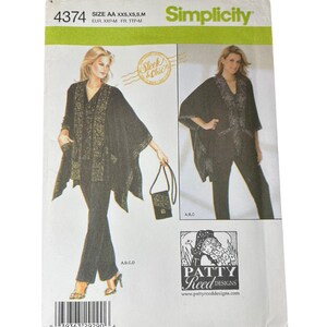May include: Simplicity sewing pattern 4374. The pattern features a woman wearing a black ensemble with an embroidered design. The pattern includes a poncho, pants, and a small purse. The text "Sleek & Chic" is also visible.