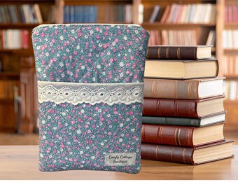 Cottage Blue Floral Book Sleeve for Medium book and also fits a Kindle Paperwhite with free zipper pull and free cord keeper