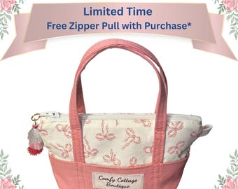 Mini Tote Keychain Wallet - Pink Bow with free tassel zipper pull