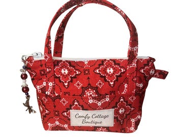 Mini Tote Keychain Wallet - Red Bandana Design with Free Zipper Pull