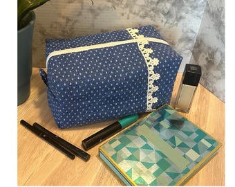 Large Blue Quilted Makeup Bag