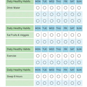 May include: A weekly healthy habits tracker with the title "WEEKLY HEALTHY HABITS" at the top. The tracker includes sections for daily habits like drinking water, eating fruits and veggies, exercising, sleeping, and meditating. Each habit has a row with circles for each day of the week.