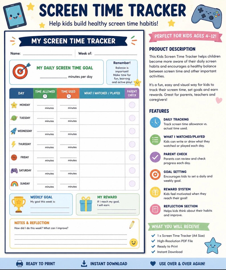 Kids Screen Time Tracker Printable – Daily & Weekly Planner - Etsy ...