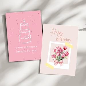 Feliz cumpleaños, 2 tarjetas, imprimibles, minimalistas, sencillas y en blanco, descarga instantánea, ilustración digital, A6 - 105 mm - 148 mm