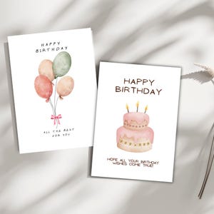 Feliz cumpleaños, 2 tarjetas, imprimibles, minimalistas, sencillas y en blanco, descarga instantánea, ilustración digital, A6 - 105 mm - 148 mm