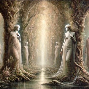 May include: A painting of a group of women in flowing white robes standing in a forest setting. The women are arranged in a symmetrical pattern, with a central figure in the middle of the image. The forest is depicted with a light, ethereal quality, and the women appear to be floating or walking on air.