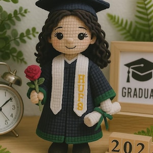 May include: Crocheted graduation doll in a navy blue cap and gown with a white sash. The doll holds a red rose and a rolled diploma. The sash has the letters "HUFS" in yellow. A wooden block calendar displays "2021".