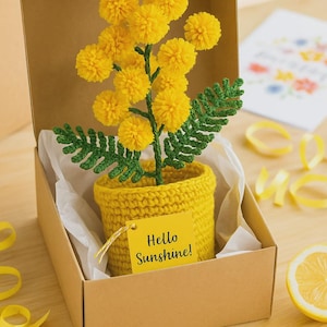 Gehäkelter Mimosa Blumentopf - Gelber Pom Pom Garn Strauß - Frühling Tisch Dekor - Nettes Geburtstagsgeschenk für Sie, Freunde