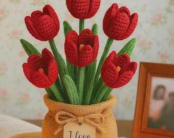 Handmade Crochet Tulip Bouquet: Red Yarn Flowers in Burlap Bag