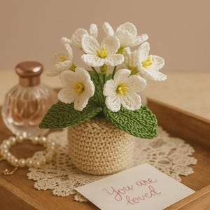 Può includere: Una composizione floreale all'uncinetto con fiori bianchi con centri gialli e foglie verdi, racchiusa in un vaso all'uncinetto beige. È visibile una carta con le parole "You are loved". Un flacone di profumo e un braccialetto di perle sono anch'essi nell'immagine.