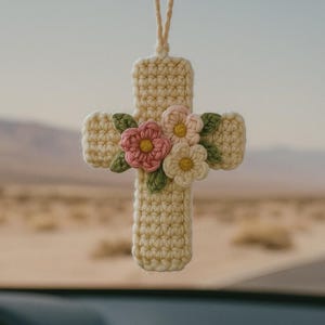 Handmade Crochet Cross Car Charm – Christian Faith Gift with Flowers – Boho Rearview Mirror Hanging for Drivers