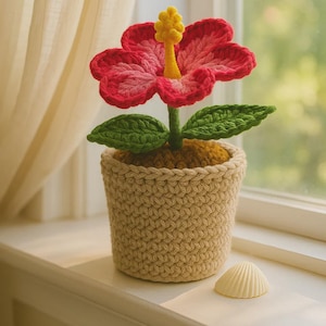 Crochet Hibiscus Flower in Pot – Pink Yarn Bloom Gift for Mom, Grandma, Teacher or Friend – Handmade Personalized Tag